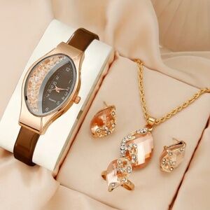 NWT! Beautiful Watch, Necklace, Earrings and Ring Set in Peach, Brown and Gold!